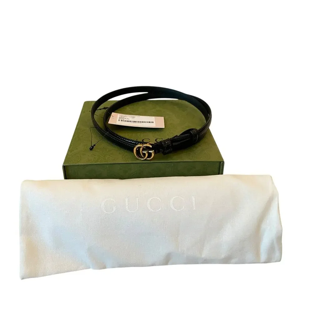 NEW Gucci GG Marmont Thin Belt 707327 Black Patent Leather Size  95cm/30in